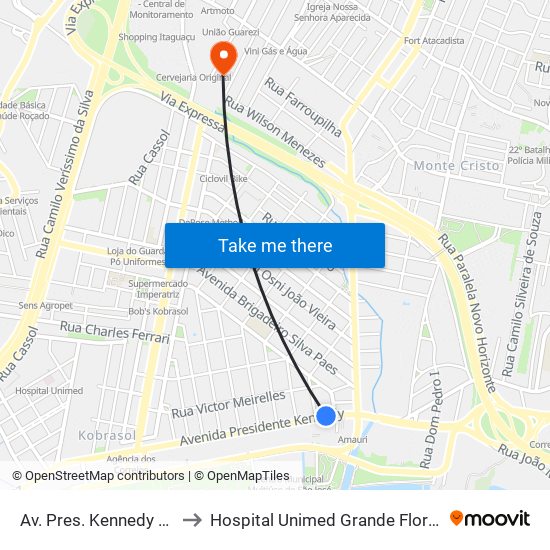 Av. Pres. Kennedy (Orion) to Hospital Unimed Grande Florianópolis map