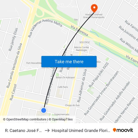 R. Caetano José Ferreira to Hospital Unimed Grande Florianópolis map