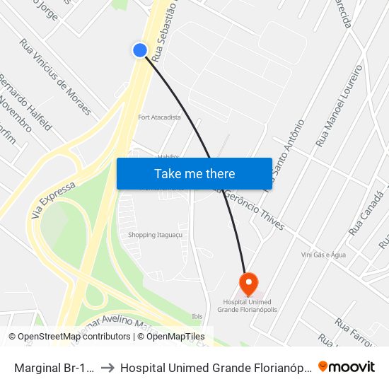 Marginal Br-101 to Hospital Unimed Grande Florianópolis map