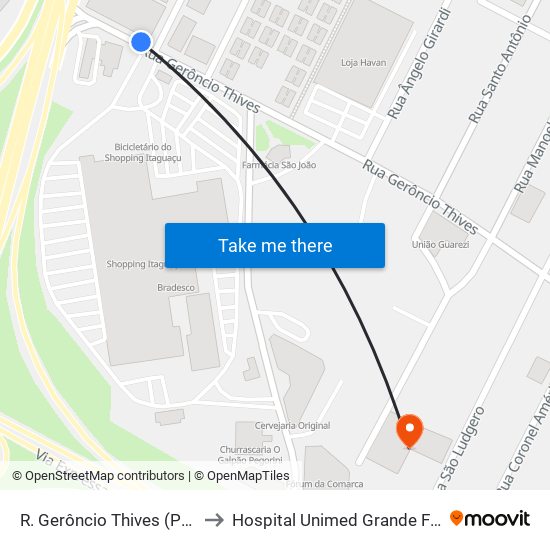 R. Gerôncio Thives (Posto Galo) to Hospital Unimed Grande Florianópolis map