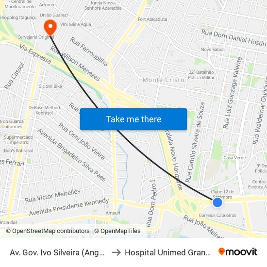 Av. Gov. Ivo Silveira (Angeloni Capoeiras)) to Hospital Unimed Grande Florianópolis map