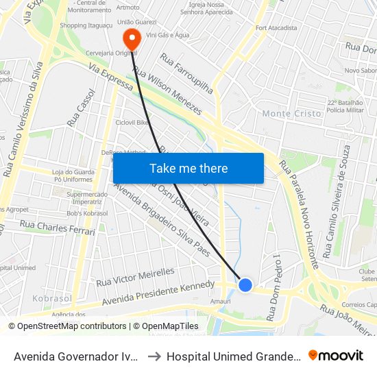 Avenida Governador Ivo Silveira 286 to Hospital Unimed Grande Florianópolis map