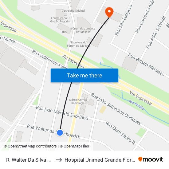 R. Walter Da Silva Koerich to Hospital Unimed Grande Florianópolis map