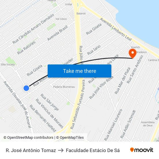 R. José Antônio Tomaz to Faculdade Estácio De Sá map