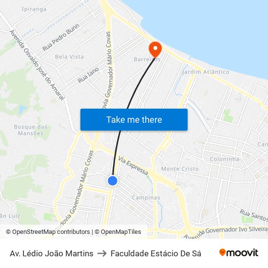 Av. Lédio João Martins to Faculdade Estácio De Sá map