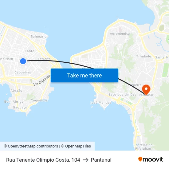 Rua Tenente Olímpio Costa, 104 to Pantanal map