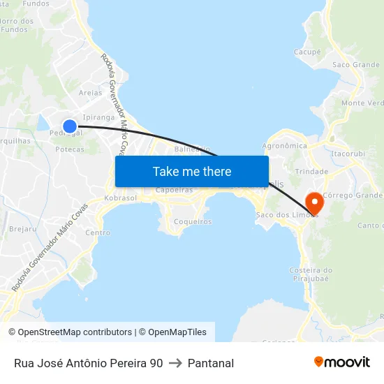 Rua José Antônio Pereira 90 to Pantanal map