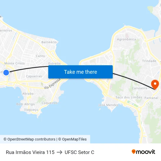 Rua Irmãos Vieira 115 to UFSC Setor C map