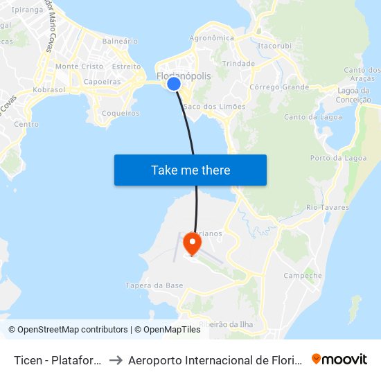 Ticen - Plataforma D to Aeroporto Internacional de Florianópolis map