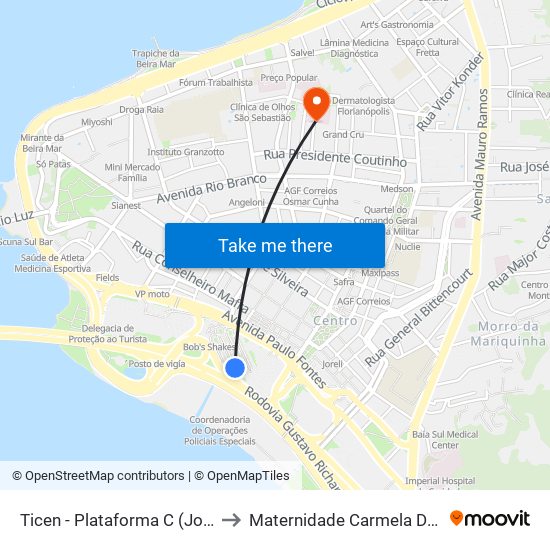 Ticen - Plataforma C (Jotur) to Maternidade Carmela Dutra map