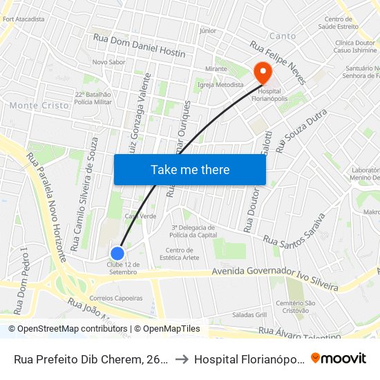 Rua Prefeito Dib Cherem, 2698 to Hospital Florianópolis map