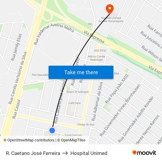 R. Caetano José Ferreira to Hospital Unimed map