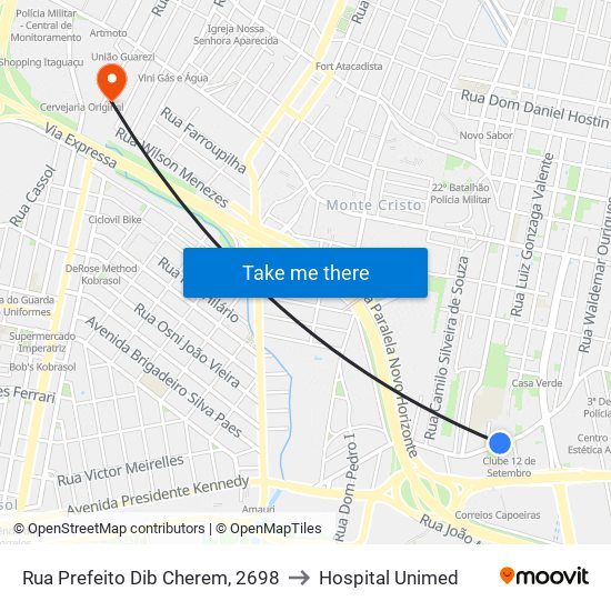 Rua Prefeito Dib Cherem, 2698 to Hospital Unimed map