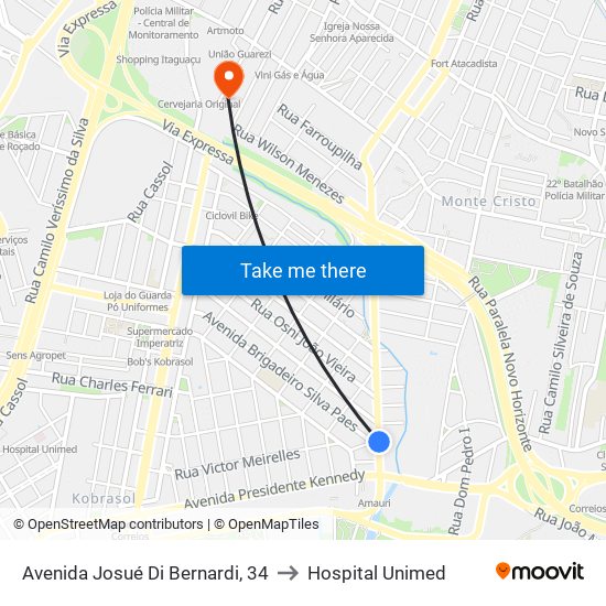Avenida Josué Di Bernardi, 34 to Hospital Unimed map