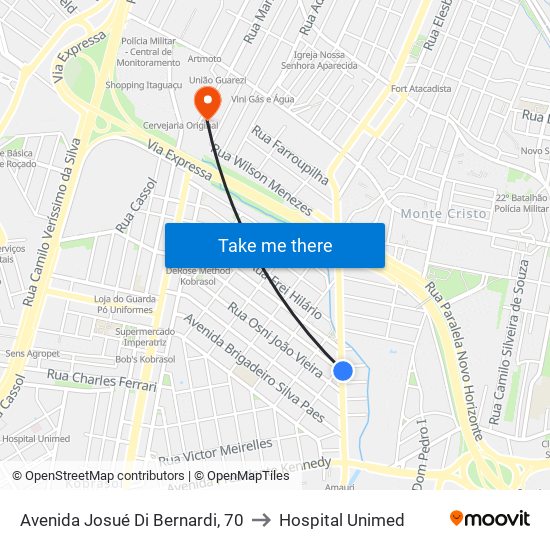 Avenida Josué Di Bernardi, 70 to Hospital Unimed map