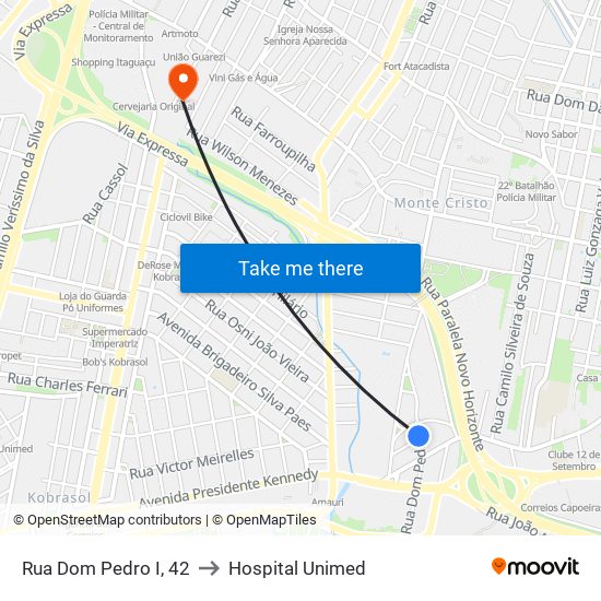 Rua Dom Pedro I, 42 to Hospital Unimed map