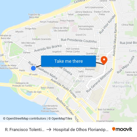 R. Francisco Tolentino to Hospital de Olhos Florianópolis map