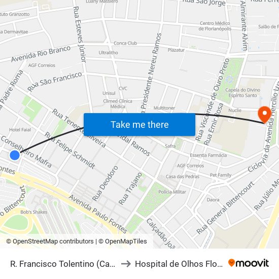 R. Francisco Tolentino (Casas D'Água) to Hospital de Olhos Florianópolis map