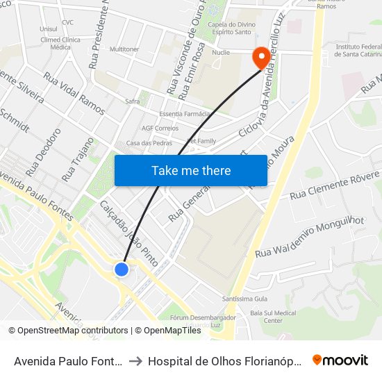 Avenida Paulo Fontes to Hospital de Olhos Florianópolis map