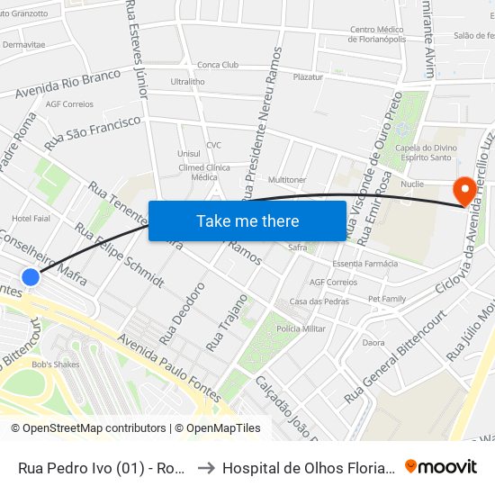 Rua Pedro Ivo (01) - Rodoviária to Hospital de Olhos Florianópolis map