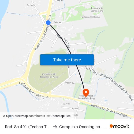 Rod. Sc-401 (Techno Towers) to Complexo Oncológico - CEPON map