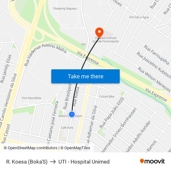 R. Koesa (Boka'S) to UTI - Hospital Unimed map