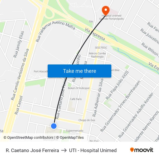 R. Caetano José Ferreira to UTI - Hospital Unimed map