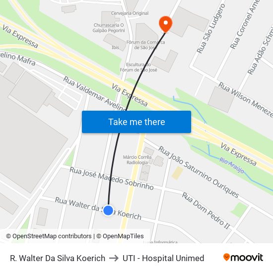 R. Walter Da Silva Koerich to UTI - Hospital Unimed map