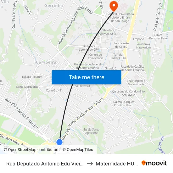 Rua Deputado Antônio Edu Vieira, 94 (001) to Maternidade HU - UFSC map