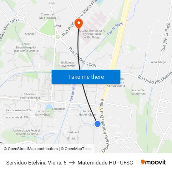 Servidão Etelvina Vieira, 6 to Maternidade HU - UFSC map