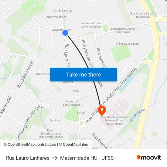 Rua Lauro Linhares to Maternidade HU - UFSC map