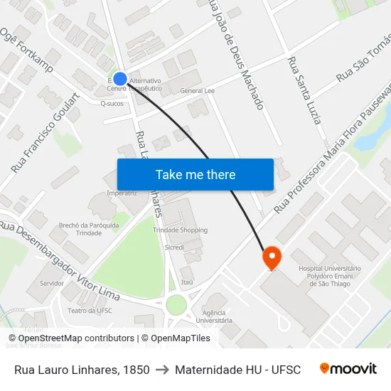 Rua Lauro Linhares, 1850 to Maternidade HU - UFSC map