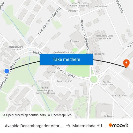 Avenida Desembargador Vítor Lima, 440 to Maternidade HU - UFSC map