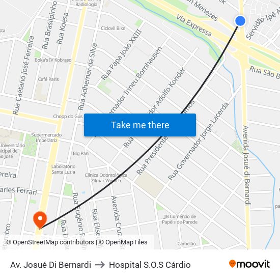 Av. Josué Di Bernardi to Hospital S.O.S Cárdio map
