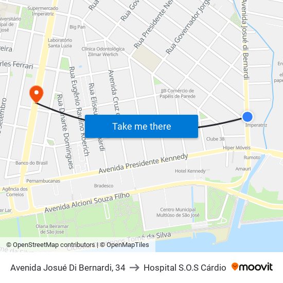 Avenida Josué Di Bernardi, 34 to Hospital S.O.S Cárdio map