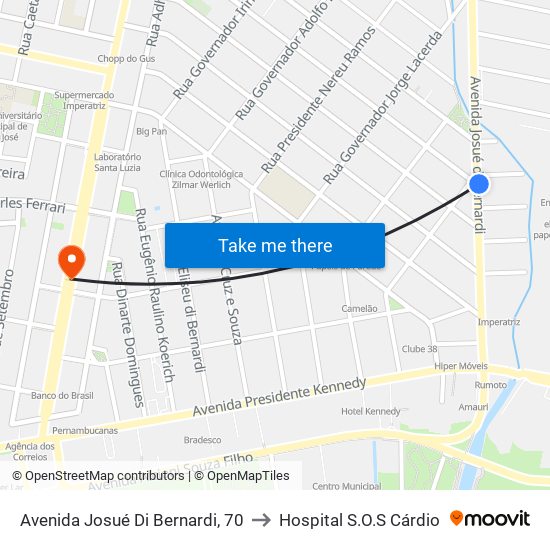 Avenida Josué Di Bernardi, 70 to Hospital S.O.S Cárdio map