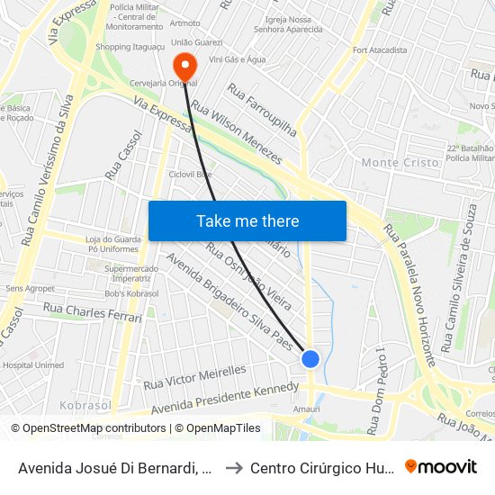 Avenida Josué Di Bernardi, 34 to Centro Cirúrgico Hugf map