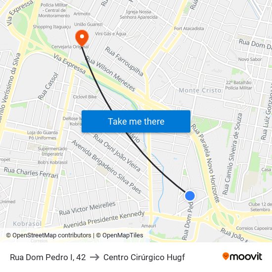 Rua Dom Pedro I, 42 to Centro Cirúrgico Hugf map