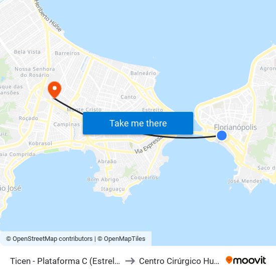 Ticen - Plataforma C (Estrela) to Centro Cirúrgico Hugf map