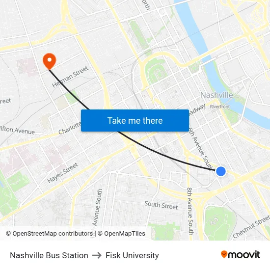 Nashville Bus Station to Fisk University map