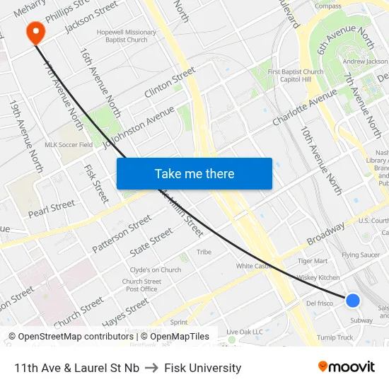 11th Ave & Laurel St Nb to Fisk University map