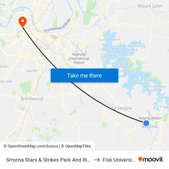 Smyrna Stars & Strikes Park And Ride to Fisk University map