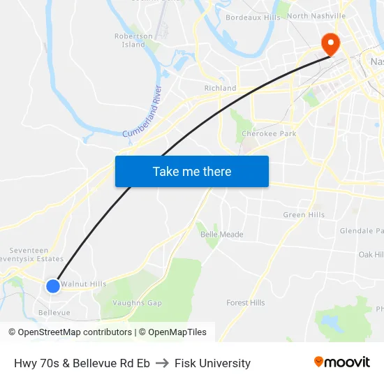Hwy 70s & Bellevue Rd Eb to Fisk University map