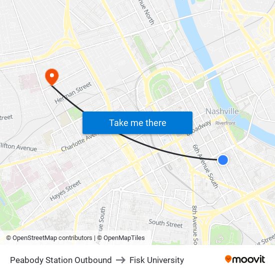 Peabody Station Outbound to Fisk University map