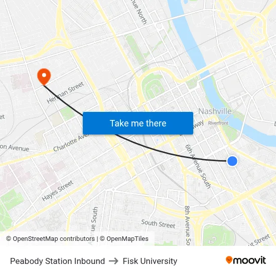Peabody Station Inbound to Fisk University map