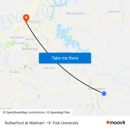 Rutherford at Walmart to Fisk University map