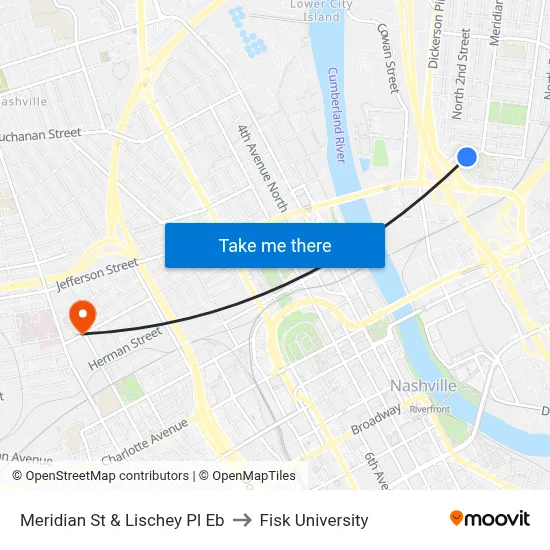 Meridian St & Lischey Pl Eb to Fisk University map