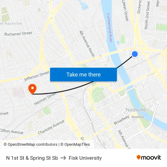 N 1st St & Spring St Sb to Fisk University map