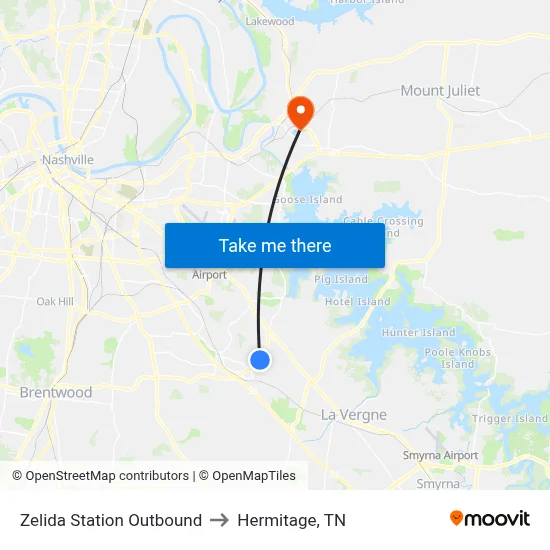 Zelida Station Outbound to Hermitage, TN map
