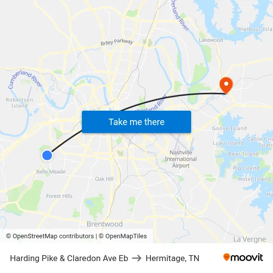Harding Pike & Claredon Ave Eb to Hermitage, TN map